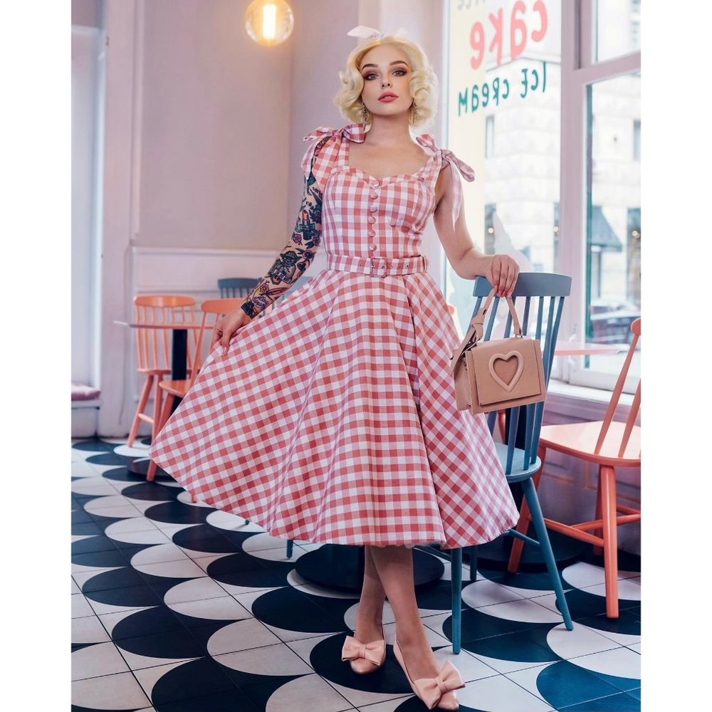 UK 14 (US Large) British Retro "Suzy Q" pink gingham pinup dress